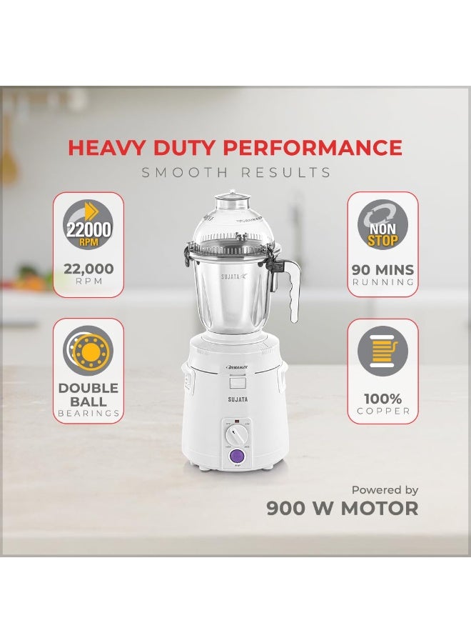 سوجاتا Sujata Dynamix 900 Watts Mixer Grinder | 22000 Rotations Per Min | 90 Minutes Continuous Running | 3 Versatile Jars 1500 ml, 1000 ml and 500 ml (White) - Image 3